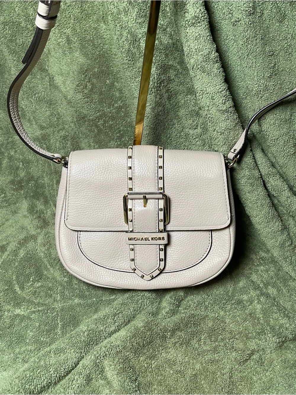 MICHAEL KORS Cream Leather Lillian Buckle Studded Flap Small Crossbody